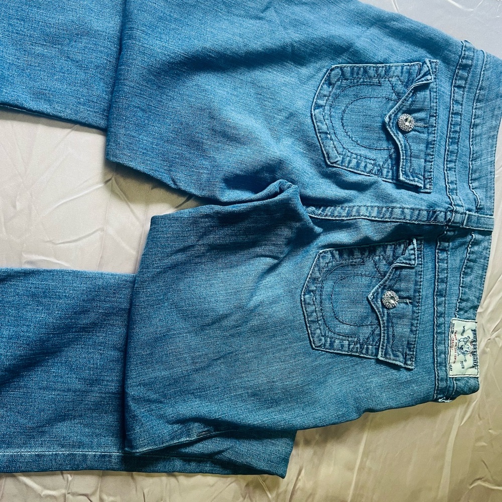 True religion bling pink diamond button Blue Denim Jeans